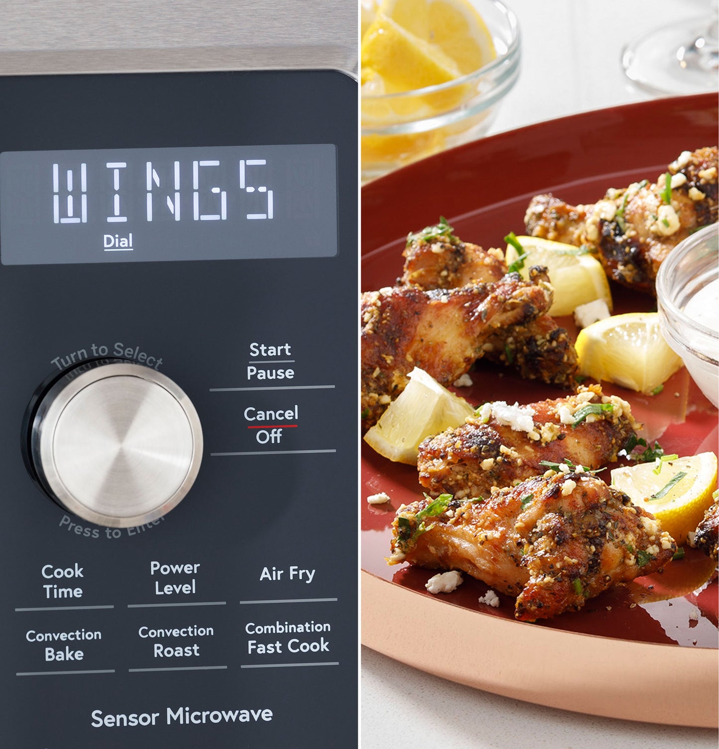 Close-up of convection microwave control panel displaying wings setting next to plate of seasoned chicken wings with lemon wedges