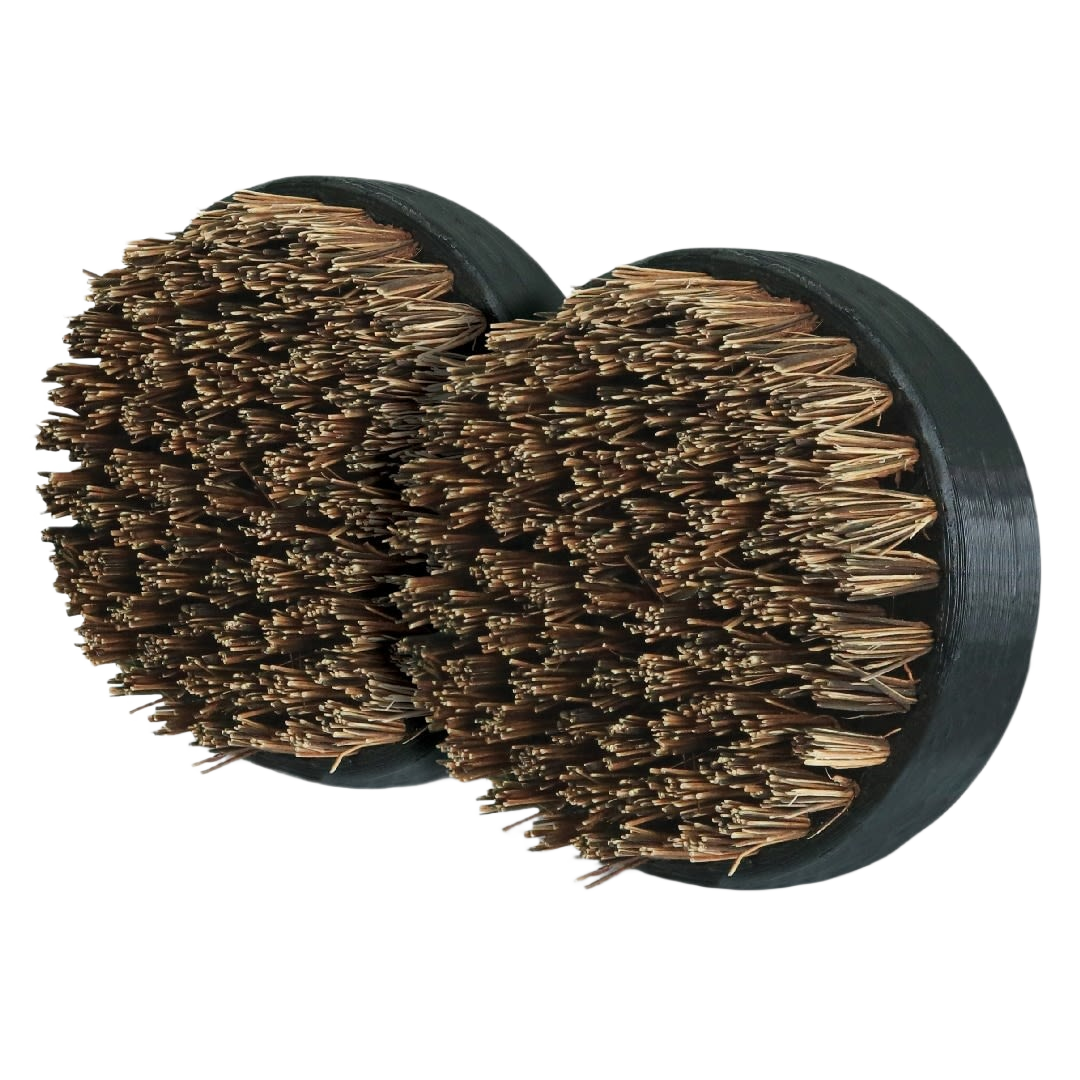 Pair of round Palmyra bristle scrubber pads with black plastic backing for grill cleaning tools and accessories collection