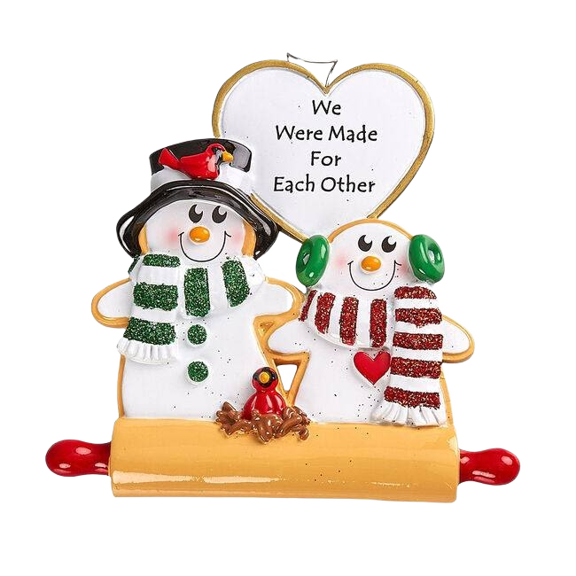 Cookie couple ornament with green and red scarves and heart-shaped sign for Christmas tree decoration