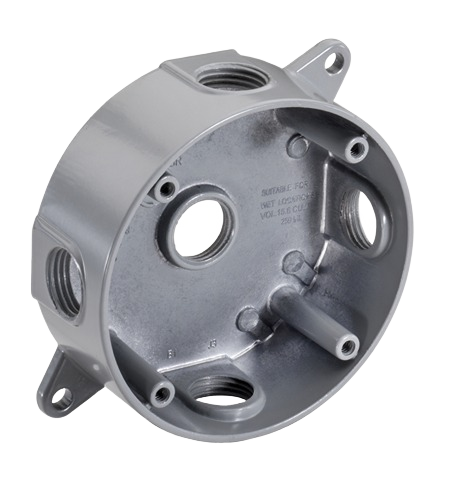 Gray round electrical box with five holes, metal construction for mounting in electrical and home improvement projects