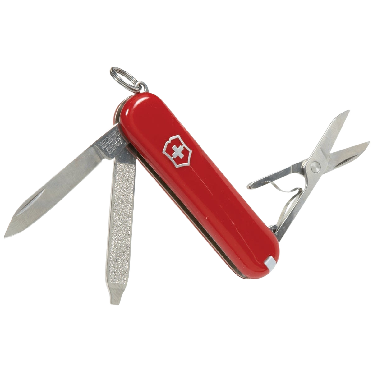 Red Swiss Army pocket knife with multiple tools including blade, scissors, and nail file in cutting and hand tools collections