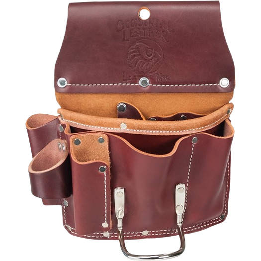 Durable leather drywall pouch with multiple compartments for efficient tool storage in woodworking and home improvement tasks