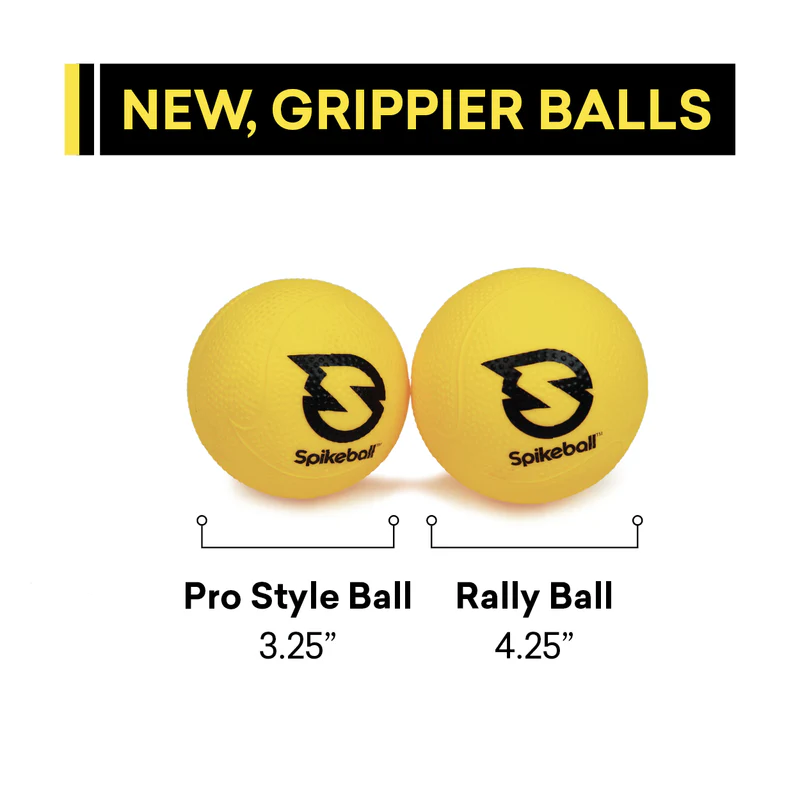 Two yellow Spikeball balls labeled Pro Style 3.25 inch and Rally 4.25 inch, for outdoor games under $100 collections