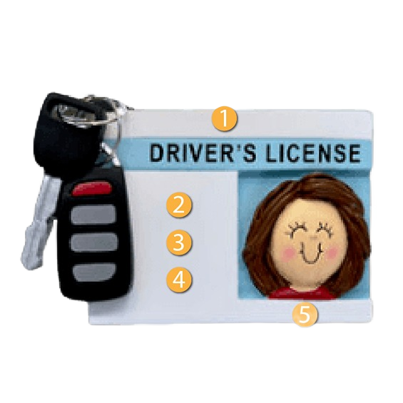 Personalized Christmas ornament shaped like a driver’s license with female portrait and attached car key fob decoration