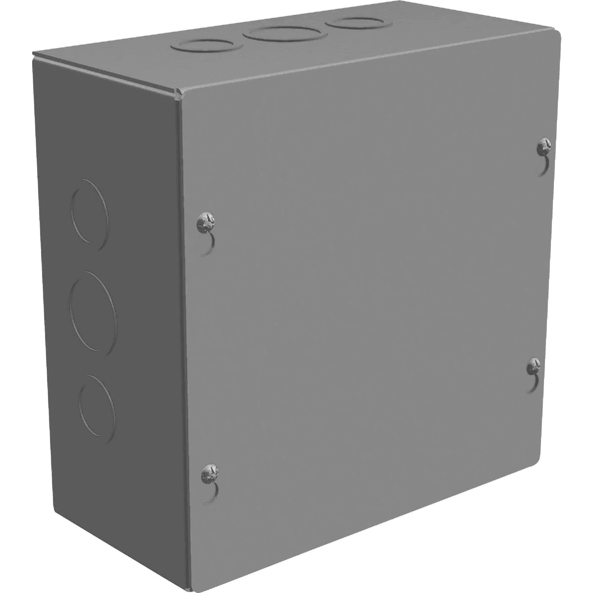 Gray metal electrical screw cover enclosure box with multiple conduit knockouts for home improvement use