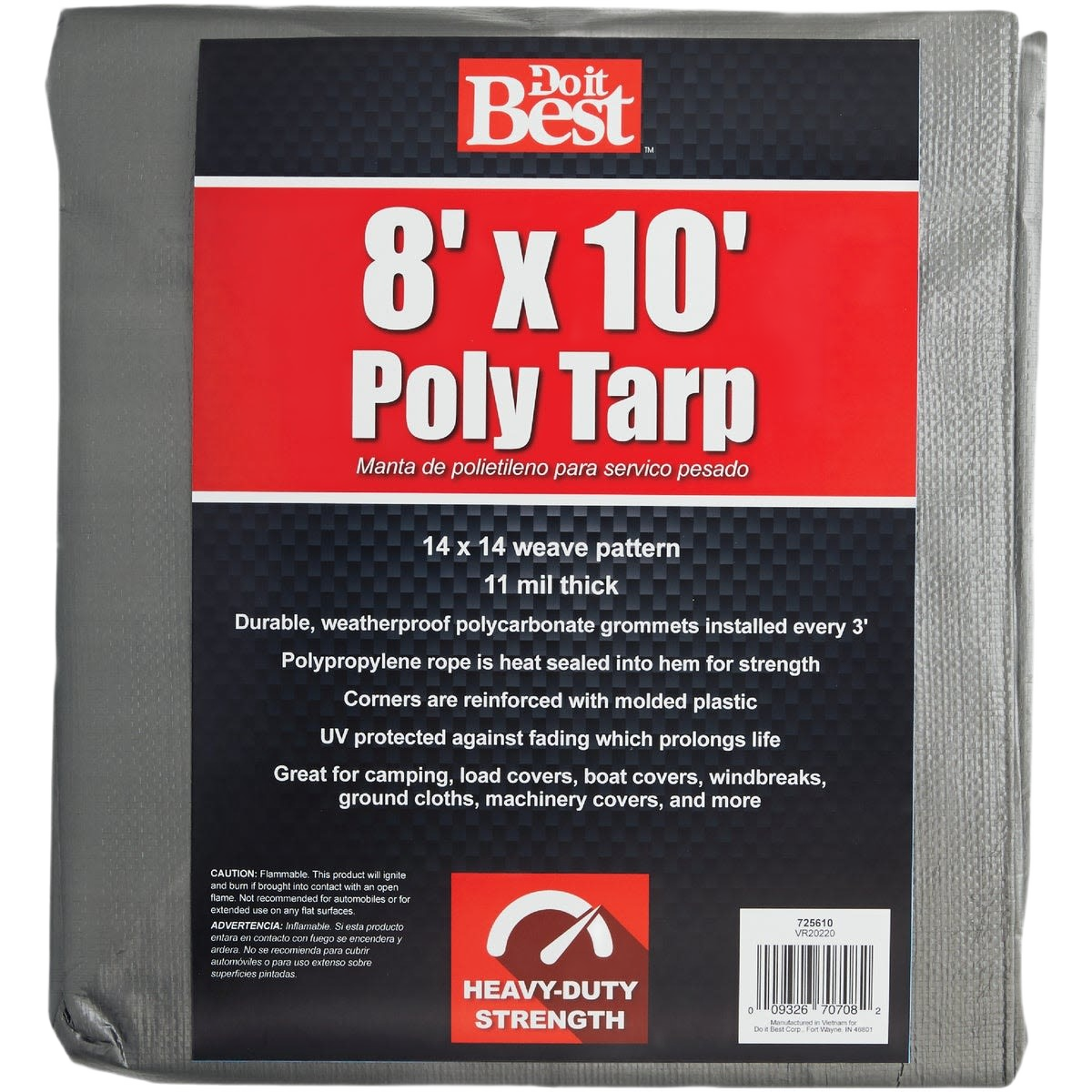 Heavy-duty silver woven poly tarp measuring 8 by 10 feet for outdoor and home improvement protection tasks