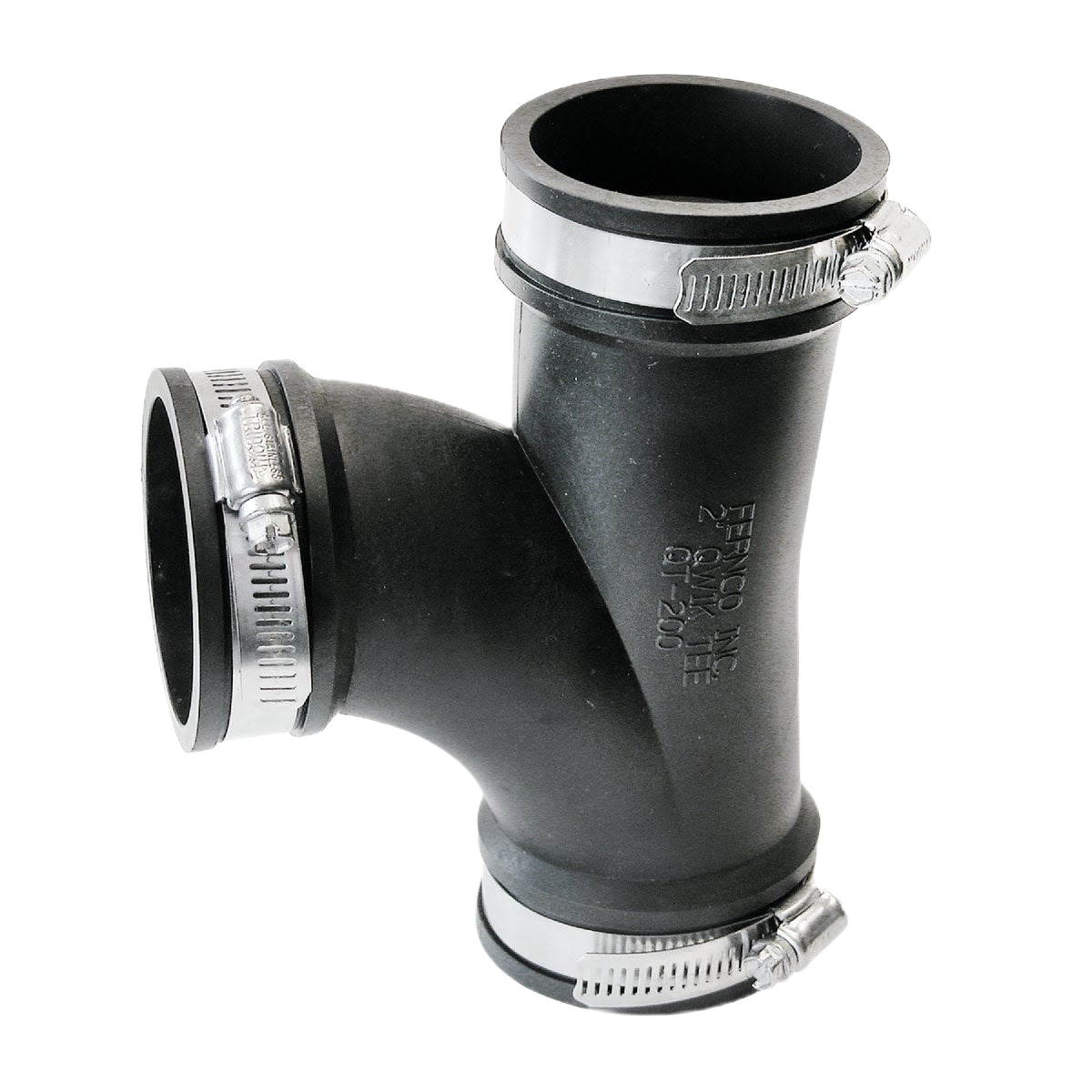 Black neoprene flexible repair tee with stainless steel clamps for plumbing and drain systems under $50
