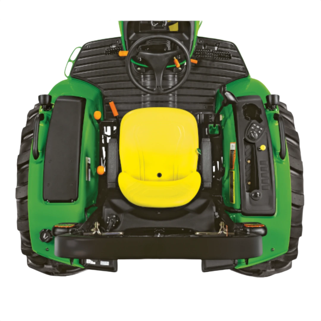 Overhead view of green utility tractor with bright yellow seat designed for tools and home improvement tasks