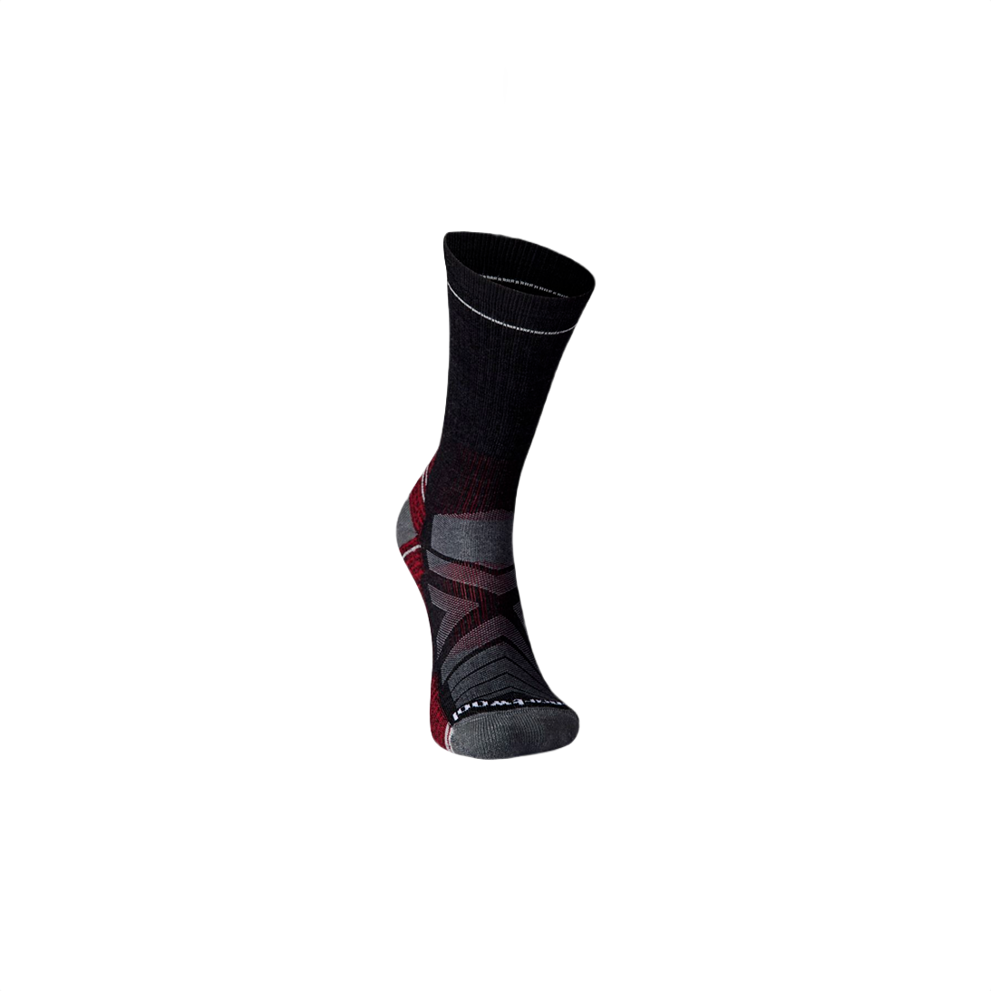 Single charcoal and red cushioned crew hiking sock designed for comfort and support during outdoor activities