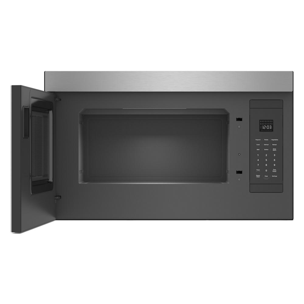 Open stainless steel over-the-range microwave with digital control panel and spacious interior in appliance setting