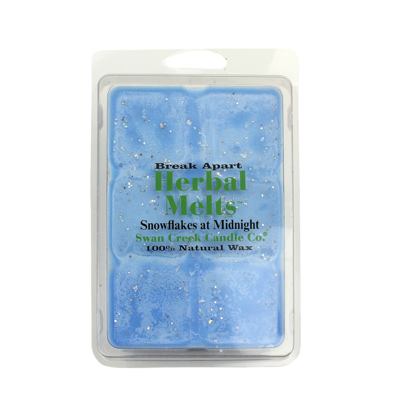 Blue wax melt pack with silver glitter accents for a festive home fragrance experience from Swan Creek Candle Co.