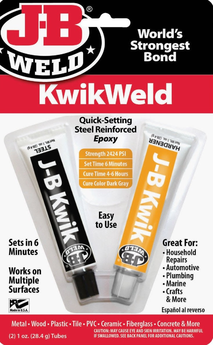 Two 1 oz tubes of quick-setting steel reinforced epoxy for fast repairs on metal and multiple surfaces in home improvement.