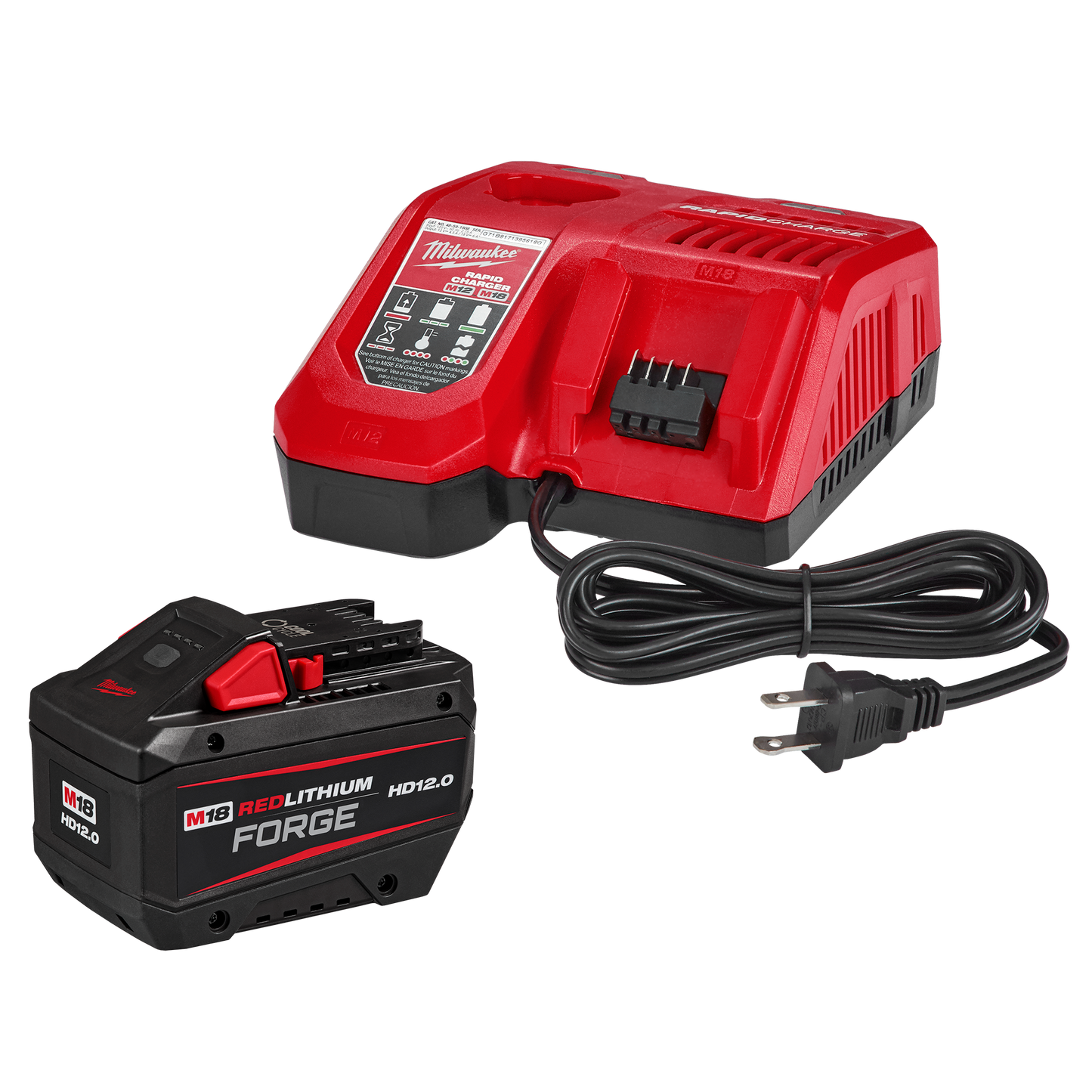 Red and black Milwaukee M18™ REDLITHIUM™ FORGE™ battery and matching charger with power cord, part of power tool batteries and chargers at Hartville Hardware.