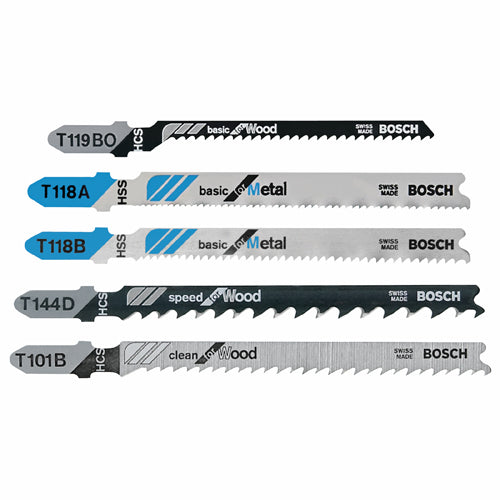 Five Bosch T-shank blades for wood and metal cutting in woodworking and power tool accessories collections