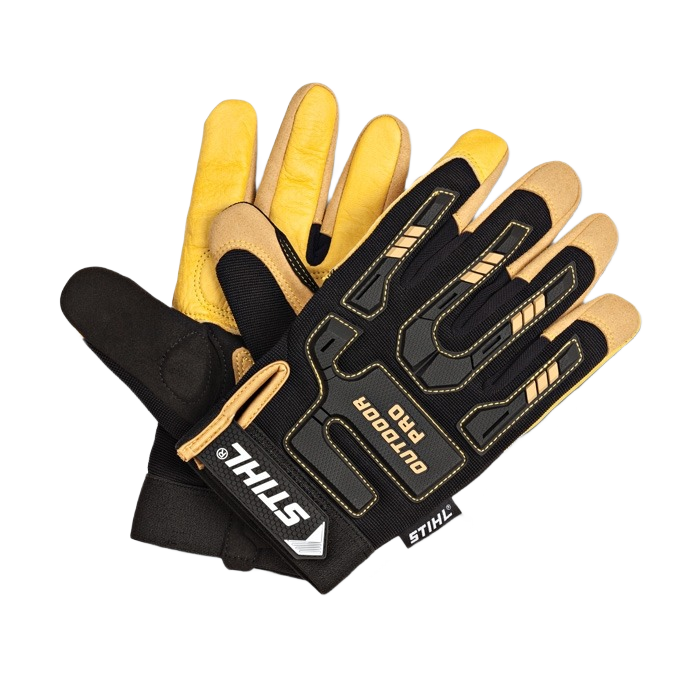 Medium STIHL Outdoor PRO Gloves with synthetic leather palm and protective black and tan design for garden and work use
