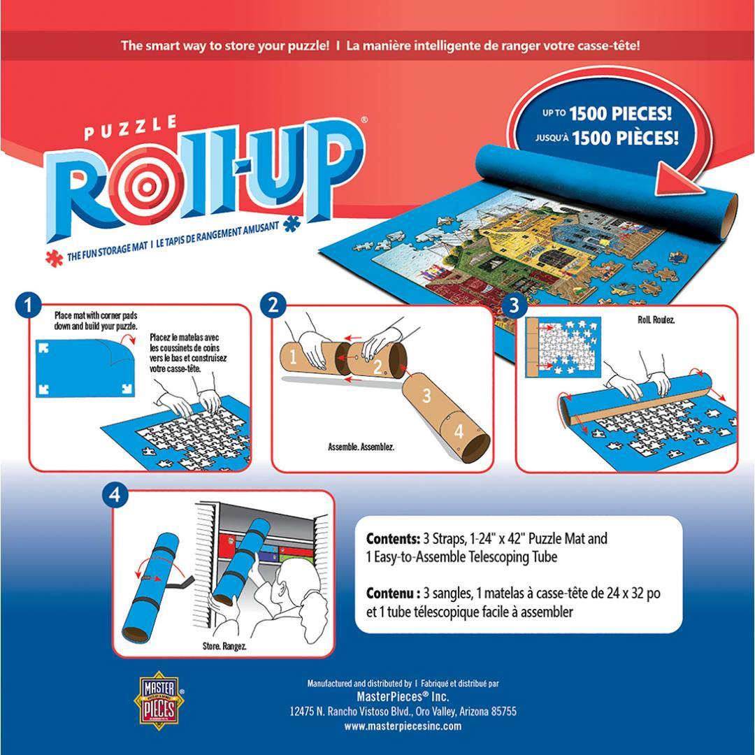 Instructional graphic showing how to assemble and use a blue puzzle roll-up mat for storing up to 1500-piece puzzles