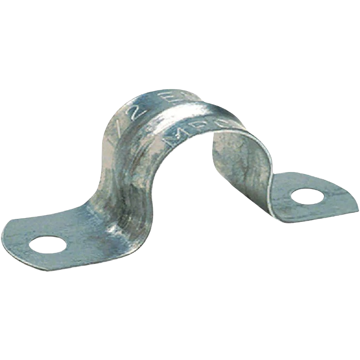 Galvanized metal conduit strap with two mounting holes for securing electrical conduits in home improvement projects