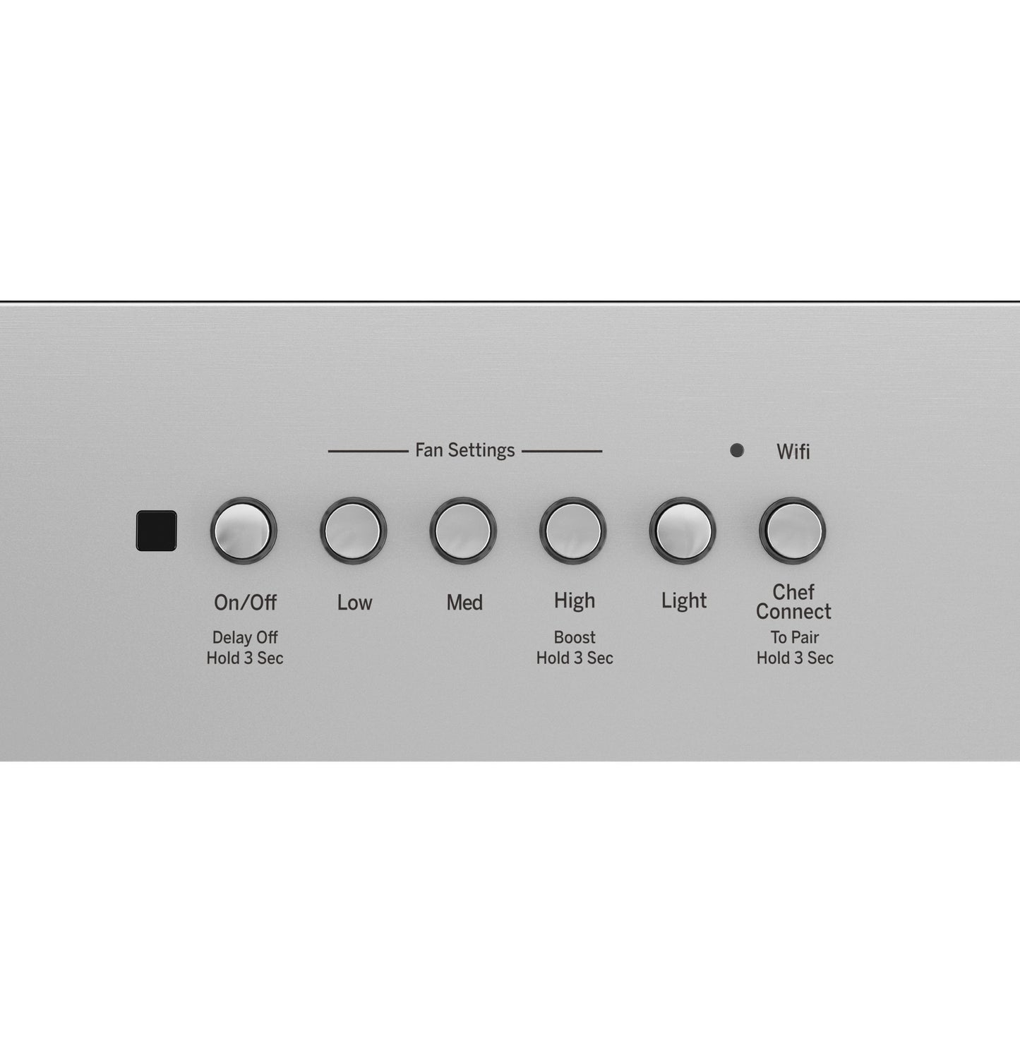 Close-up of stainless steel control panel with buttons for fan speed, light, and WiFi pairing on range hood insert