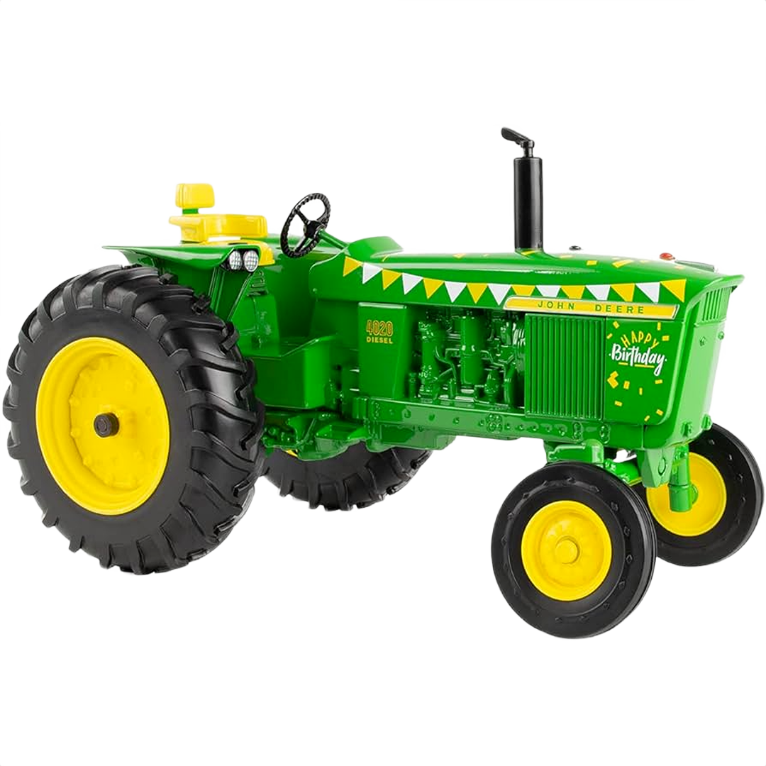 Green and yellow 1:16 scale John Deere tractor model with birthday decorations for play or display purposes