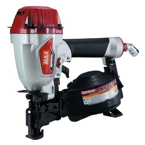 Red and silver MAX roofing coil nailer with black grip and air hose connector, designed for fastening and woodworking in rental power tools at Hartville Hardware.
