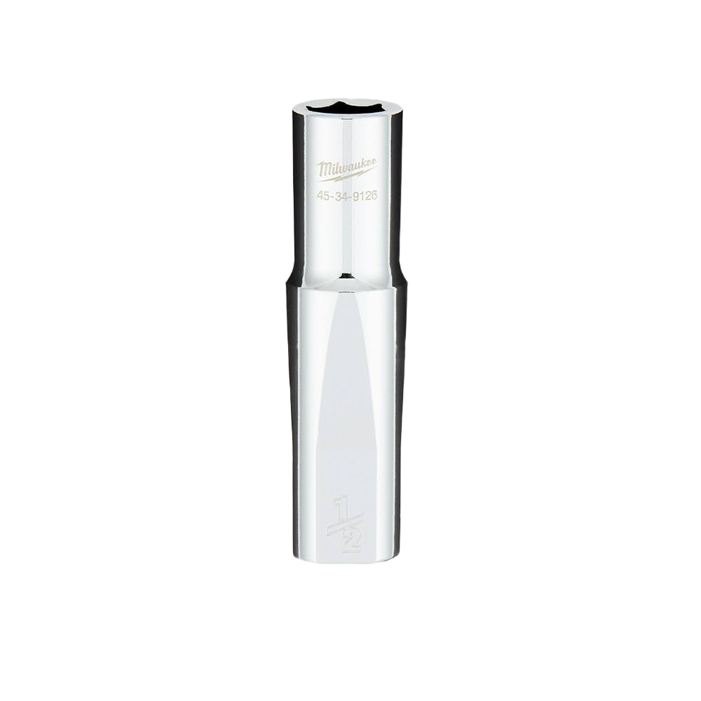 Chrome 3/4-inch deep socket with four flat sides for improved grip, part of Milwaukee hand tools and woodworking collections
