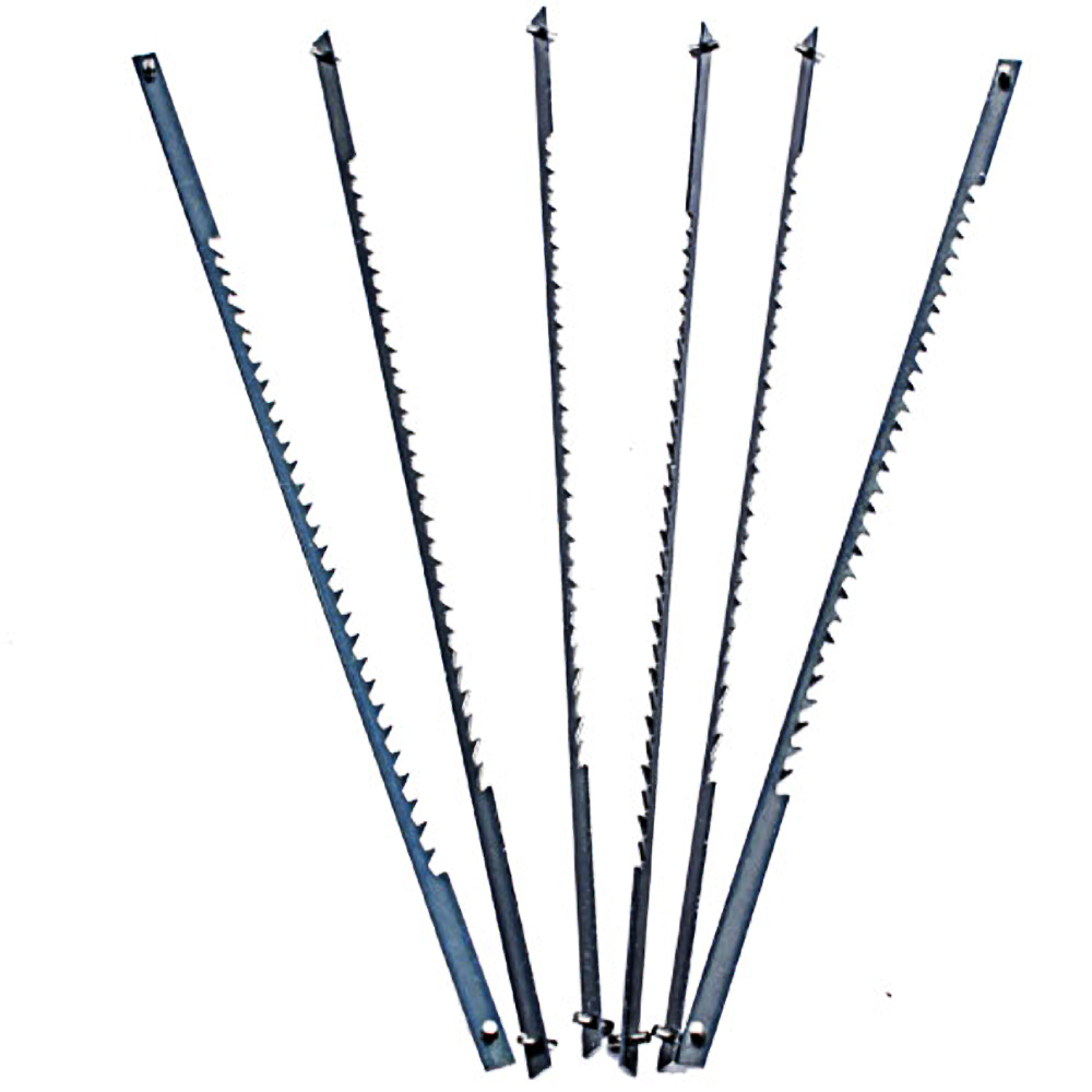 Set of six pin end reverse tooth scroll saw blades for precise woodworking and power tool accessory use