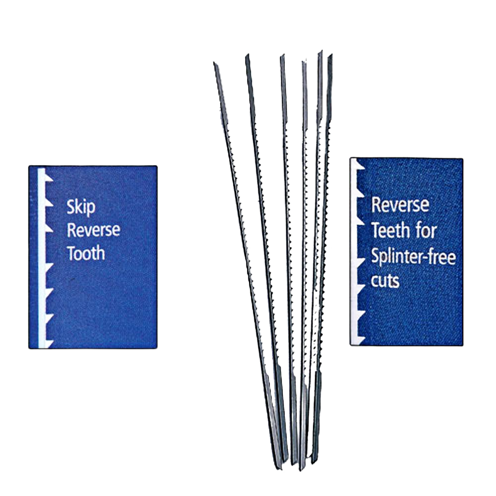 Set of reverse tooth scroll saw blades designed for splinter-free cutting in woodworking tool accessories collections