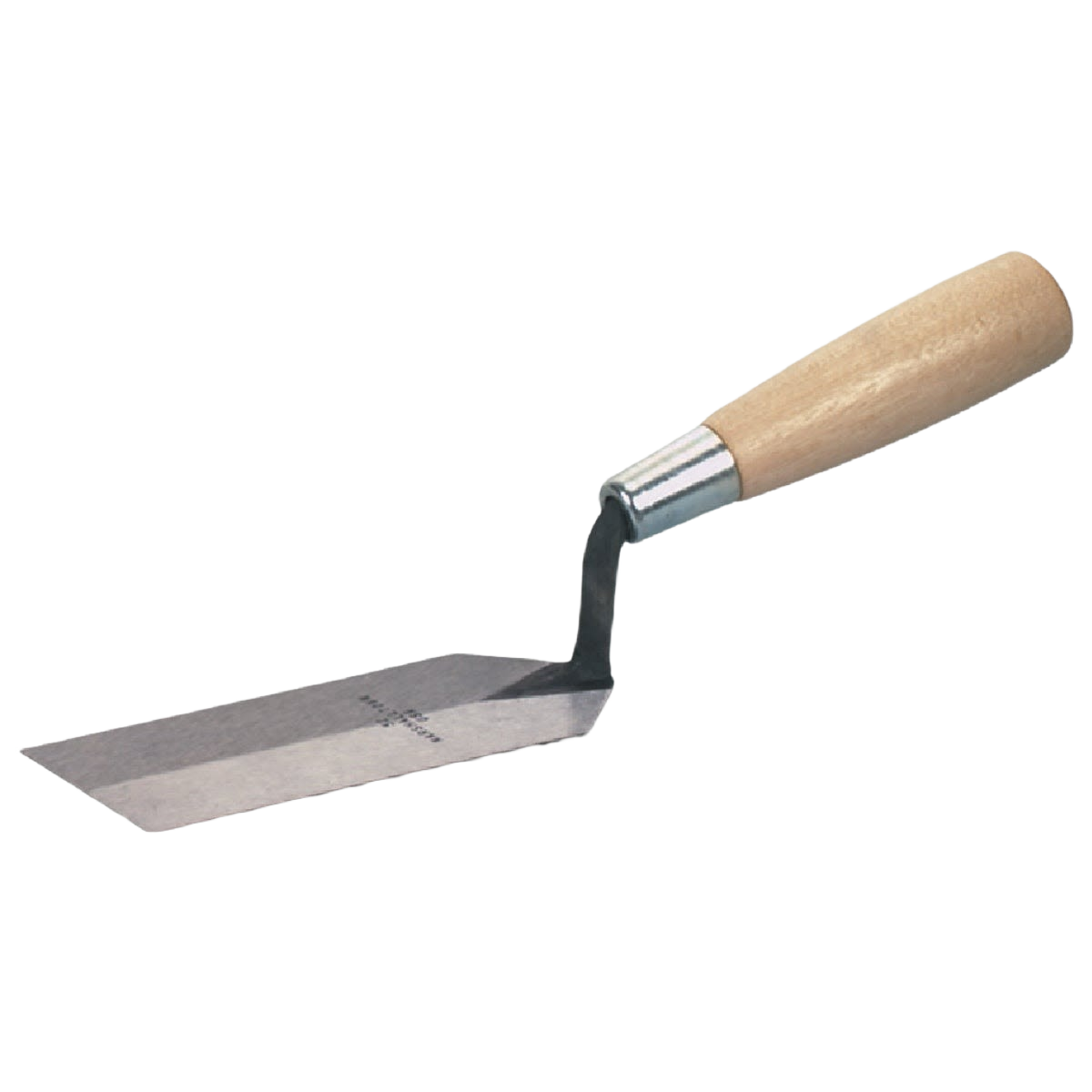 Margin trowel with a wooden handle and angled metal blade for detailed masonry and home improvement tasks