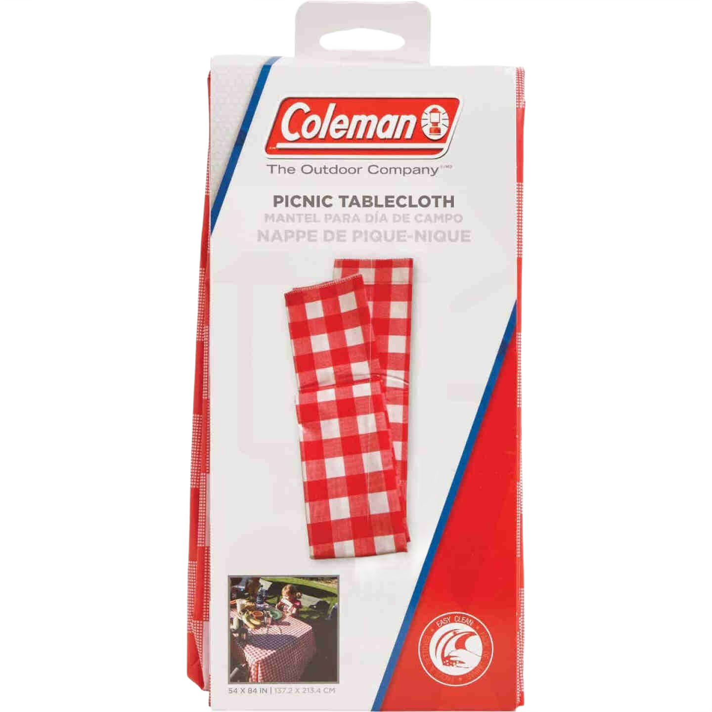 Red and white checkered vinyl picnic tablecloth packaged for kitchenware and outdoor dining use under $50 collection