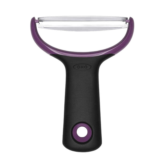 Large Y-shaped vegetable peeler with black ergonomic handle and stainless steel blade for kitchen prep tasks