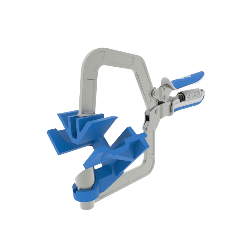 Gray and blue corner clamp tool designed for woodworking and home improvement projects with ergonomic handle grip
