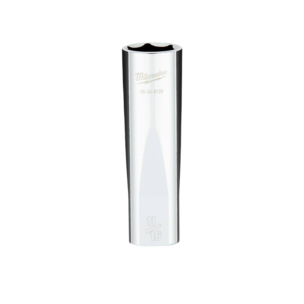 Chrome-finished deep socket with 11/16 inch size and four flat sides for improved grip in tools and home improvement tasks