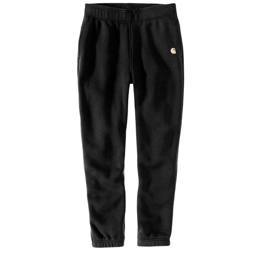 Black fleece joggers with elastic waistband and cuffed ankles featuring a small logo for casual wear use
