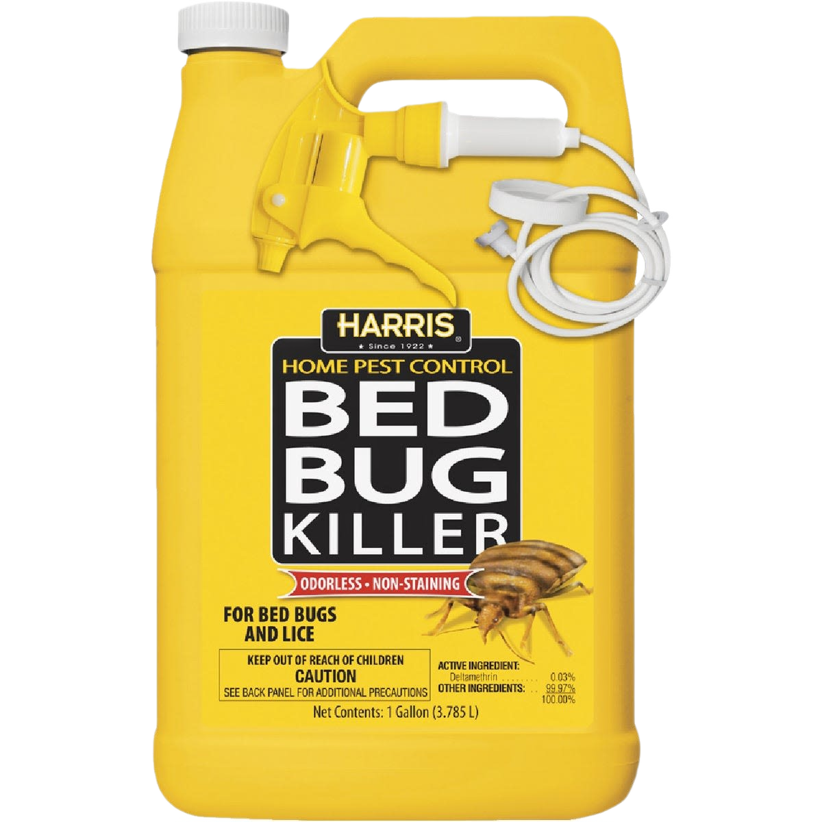 Yellow 1-gallon insecticide container with sprayer for bed bug and lice control in pest and lawn care