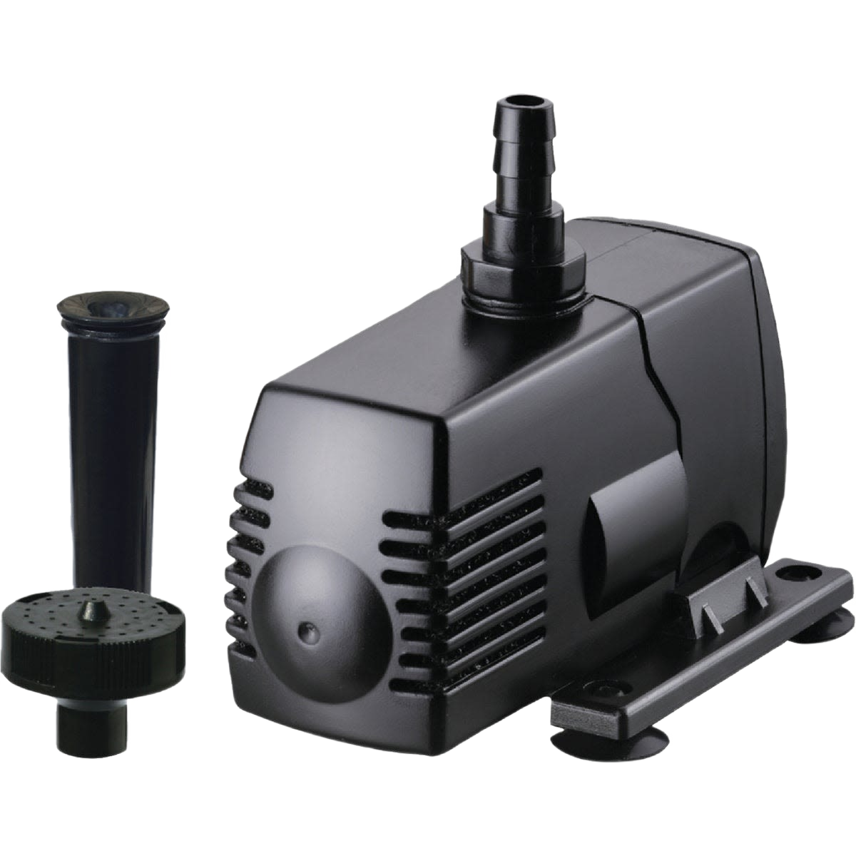 Compact black pond pump with variable flow fountain head for water circulation in lawn and garden use under $100