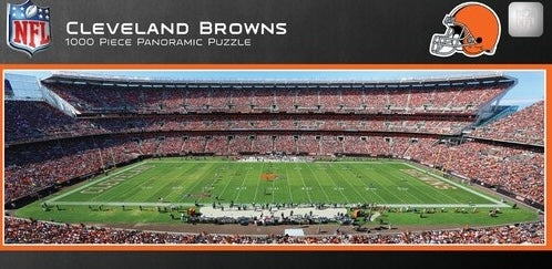Panoramic view of a crowded NFL stadium puzzle featuring the Cleveland Browns for sports and home decor use