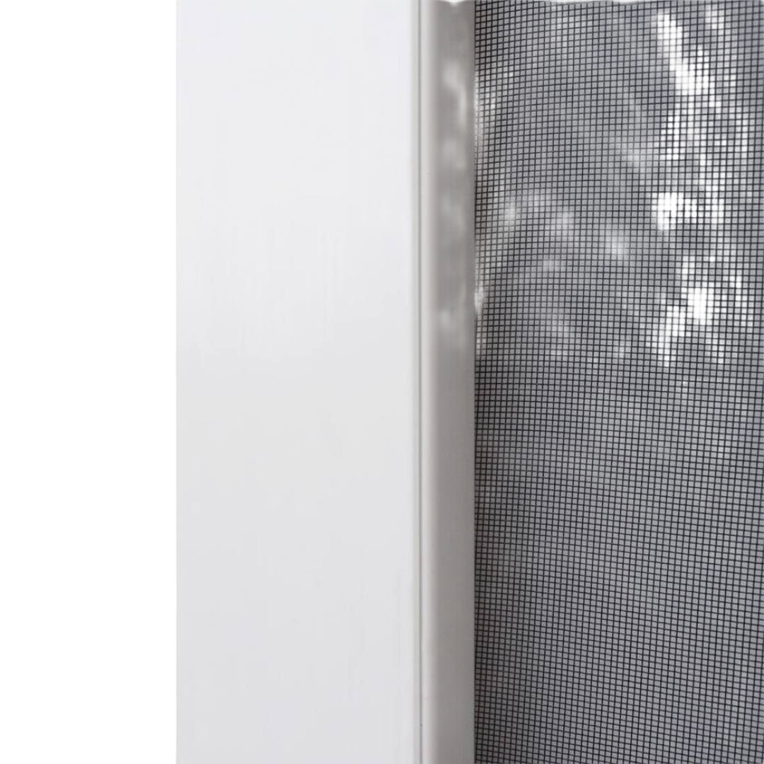 Section of white vinyl screen door frame with tightly woven mesh for home improvement and tools projects
