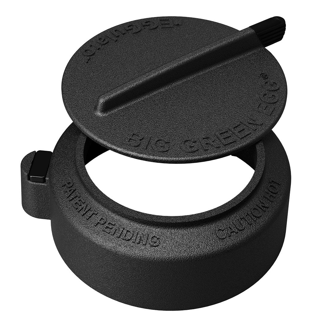 Black cast iron vent cap with adjustable lid for precise airflow control in grilling and outdoor living accessories