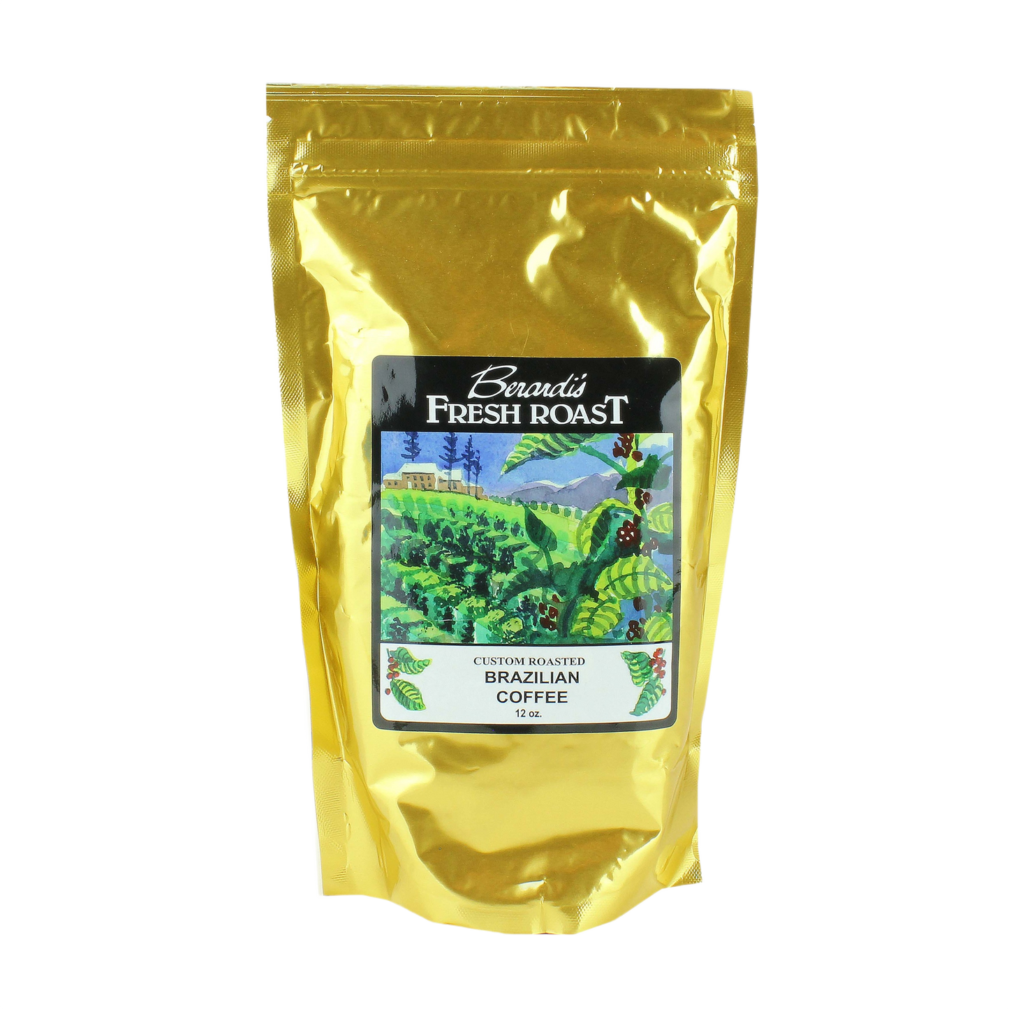 Gold-colored resealable bag of Brazilian coffee with illustrated label showing a coffee plantation and mountains