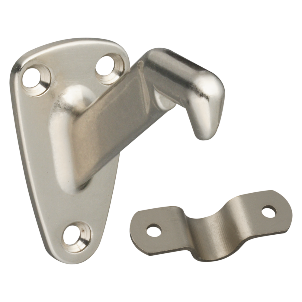 Satin nickel zinc handrail bracket with steel strap for secure mounting in home improvement projects