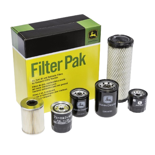 Set of John Deere air, fuel, oil, and hydraulic filters with branded packaging in parts and lubricants collection