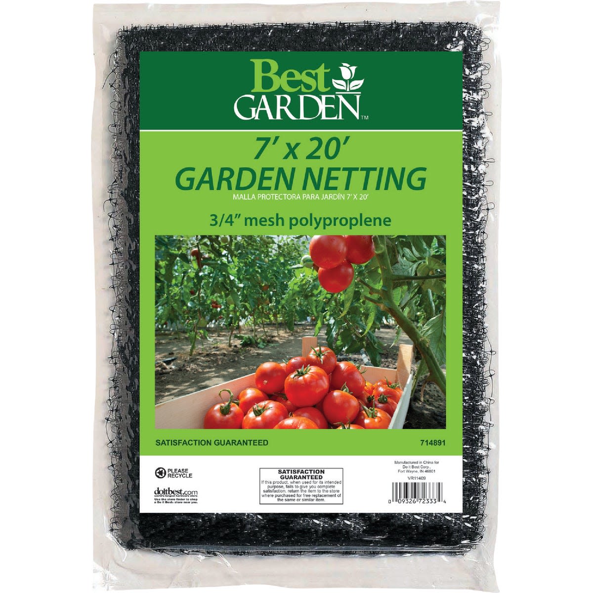 Black polypropylene garden netting with 3/4 inch mesh, packaged for home improvement and gardening use
