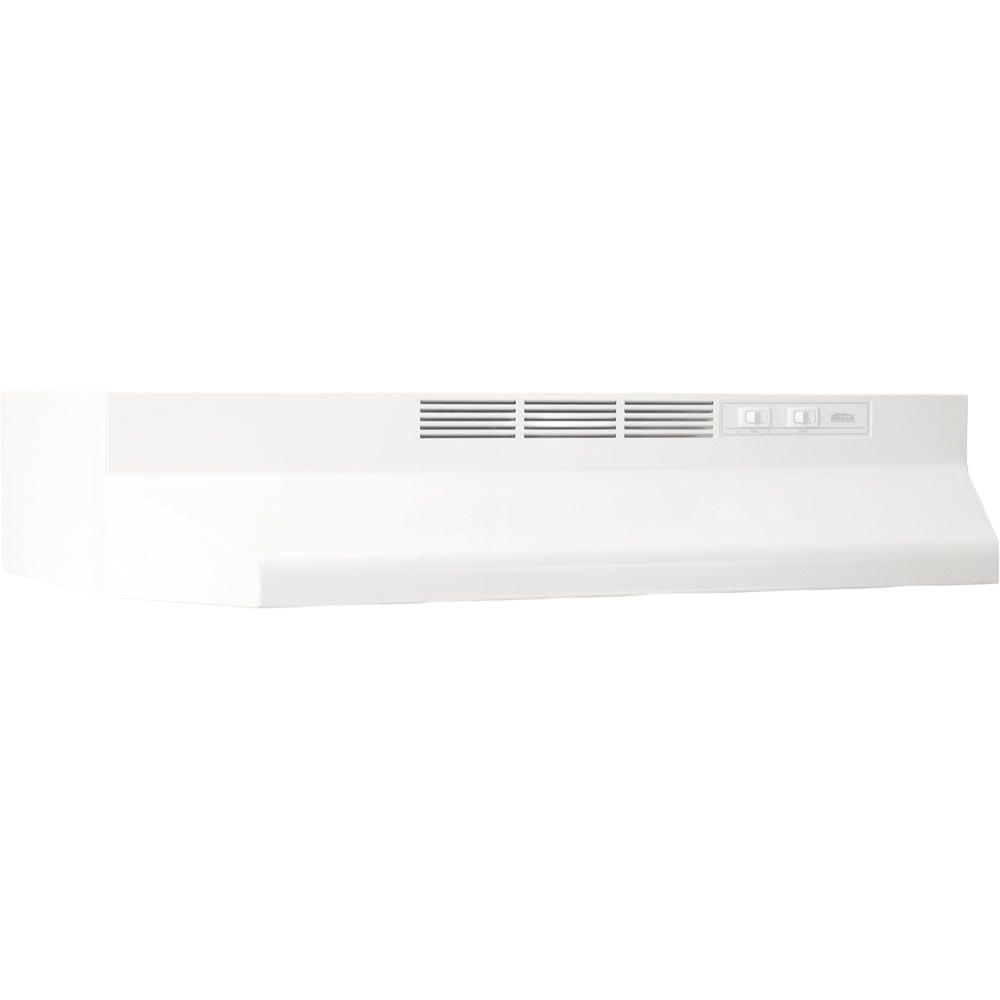 white under-cabinet range hood with 2-speed rocker controls and built-in light for kitchen appliances