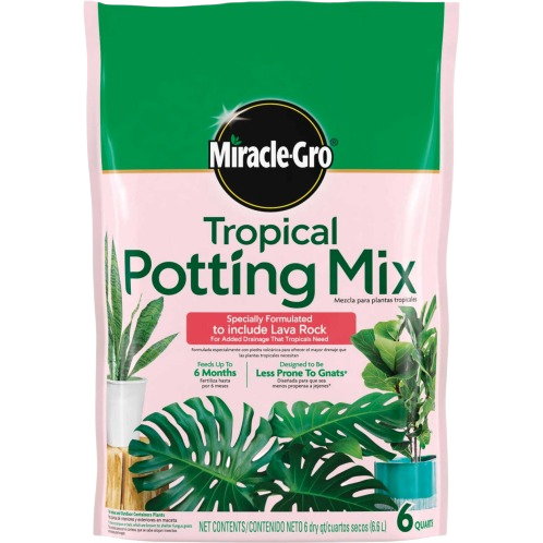 Bag of tropical potting mix featuring lava rock for improved drainage, ideal for gardening and outdoor living use under $50