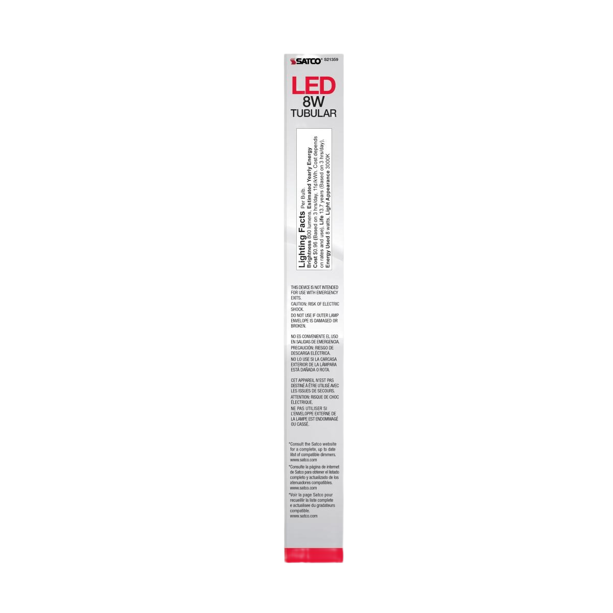 Slim packaging for an 8 watt LED tubular light bulb with warm white glow and medium base for home lighting