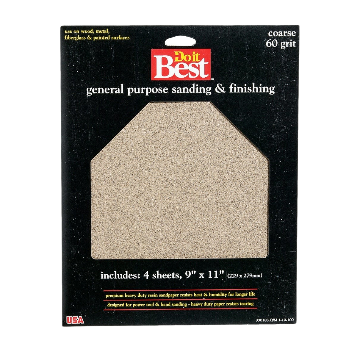 Package of coarse 60-grit general purpose sandpaper sheets for sanding wood, metal, and painted surfaces in home improvement