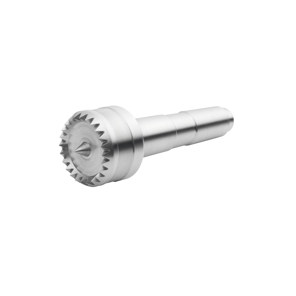 Silver metal multi-tooth drive center with tapered shaft for woodturning and precision tooling applications