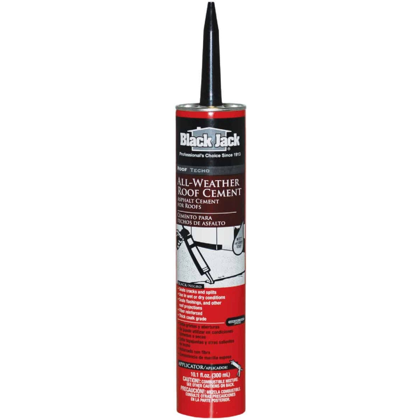 Tube of Black Jack all-weather roof cement for roofing repairs in hardware and under $50 home improvement tools category