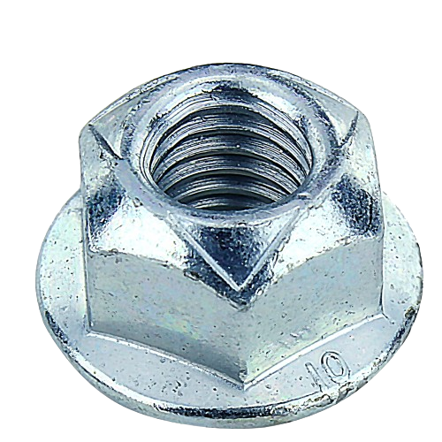 Hexagonal lock nut in shiny metal finish with integrated flange for secure fastening in tools and home improvement projects