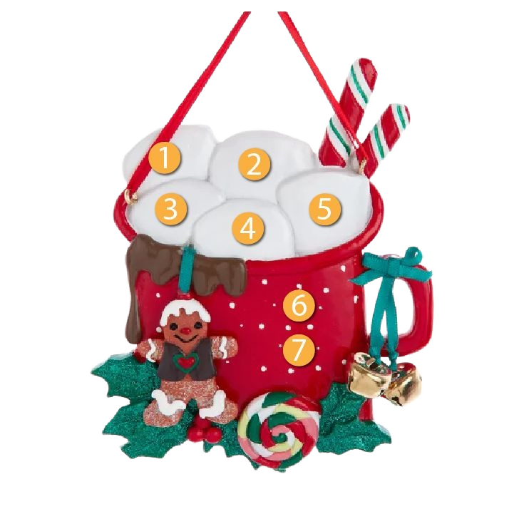 Red festive mug ornament with five marshmallows, candy canes, gingerbread figure, and holiday bells for Christmas decor